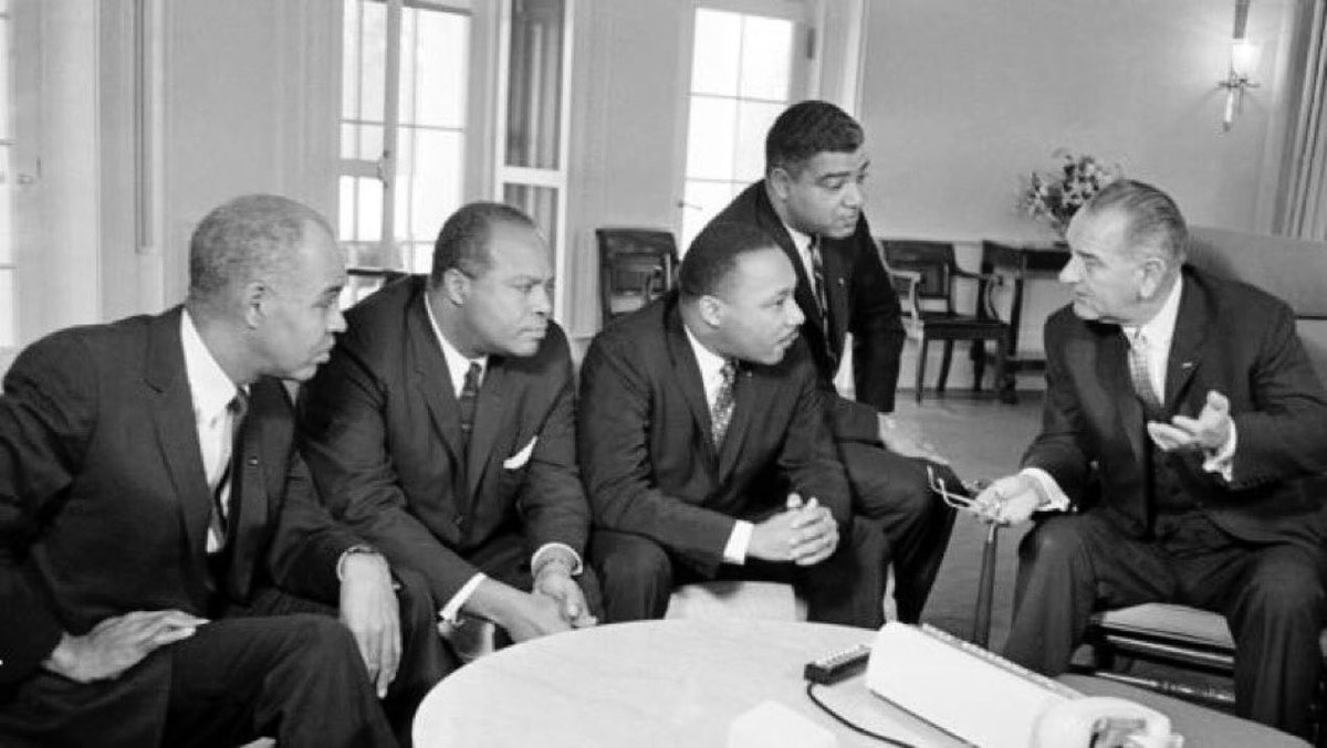 They worked so hard. And a bunch of Medicare for All simpletons tore it all down.
#VRA
Roy Wilkins  James Farmer  Dr. Martin L King  Whitney M Young  President Lyndon Baines Johnson