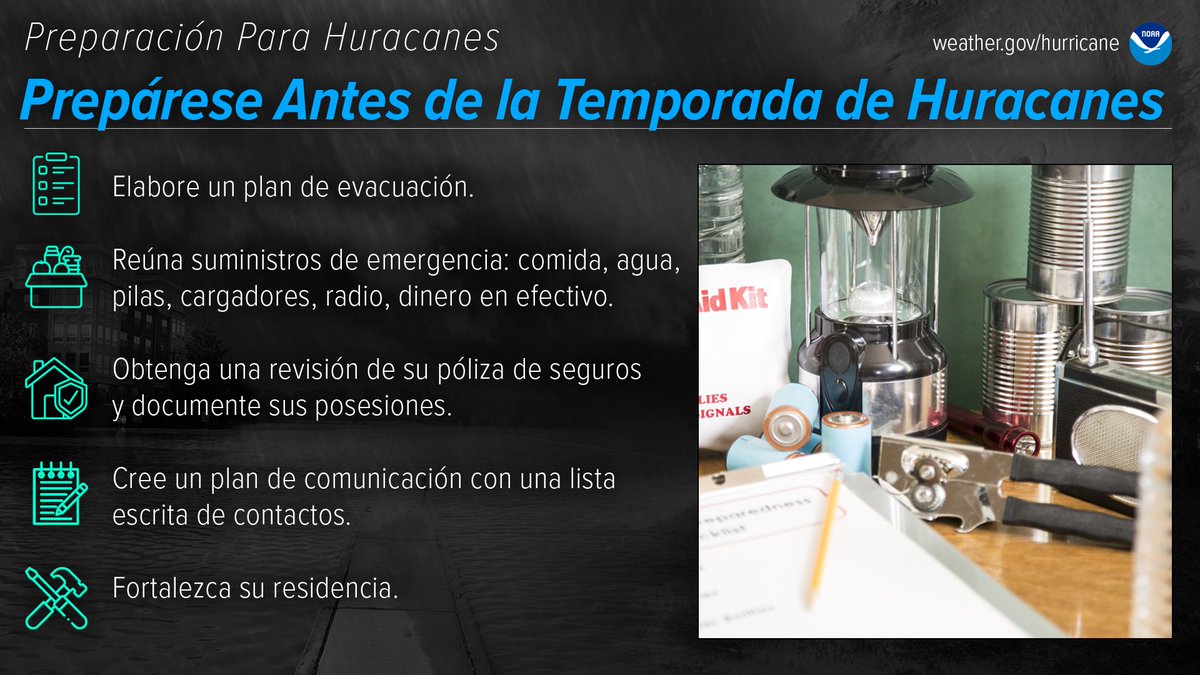 🌀El mejor momento para prepararse es ANTES del comienzo de la temporada de huracanes. Evite tener que apresurarse con los preparativos que pueden salvarle la vida esperando hasta que sea demasiado tarde. 

#HurricanePrep #HurricaneStrong

noaa.gov/prep-rese-ante…