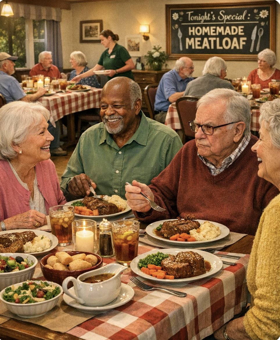 sprigwig's tweet image. 🔊 Wednesday dinner at Sprigwig: meatloaf night again. Doris says it’s ‘comfort food,’ Harold says it’s ‘a cry for help.’ 🍽️😄 #RetirementLiving #SeniorLife #DinnerTime #MenuCall