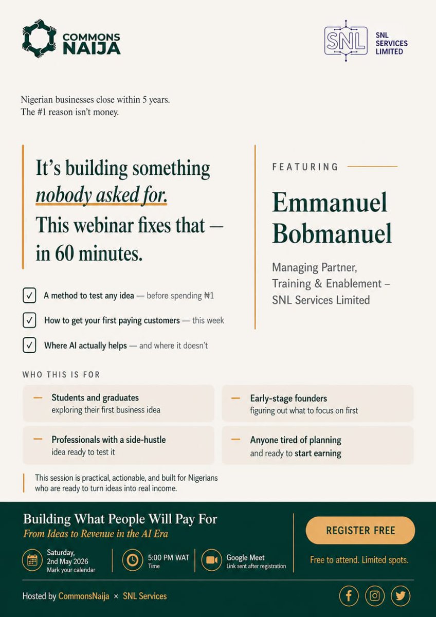 Commons_Naija's tweet photo. If you have ever thought about starting a business, side hustle, or earning from an idea, this session is worth showing up for.

At Commons Naija, we believe the right guidance can turn ideas into opportunities. https://t.co/2pbt7pE7BL