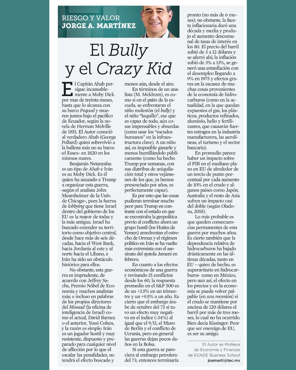 Les compartimos "El Bully y el Crazy Kid" publicado en el periódico Reforma el 29 de Abril de 2026. Escrito por nuestro Director Jorge Arturo Martínez González, CFA