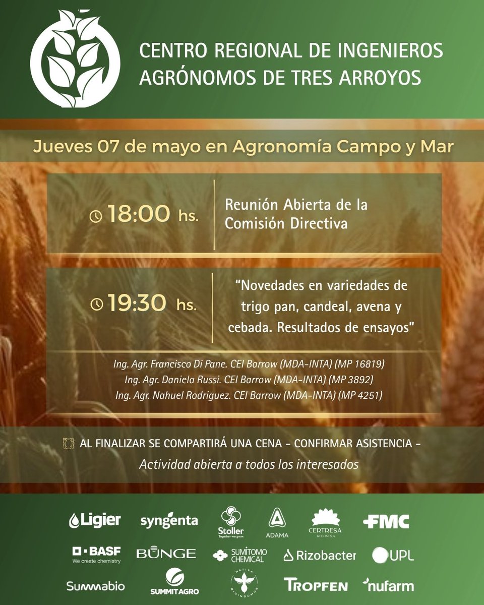 CRIATAOficial's tweet photo. 🚜🌾 Jornada de Actualización | Mayo 2026

Este 7/5 en Campo y Mar: novedades en trigo, cebada y más + resultados de ensayos 🌱
18 hs reunión abierta | 19:30 hs disertaciones

Información clave, en el momento justo👌

 ¡Te esperamos! https://t.co/fnjDPYzsuH