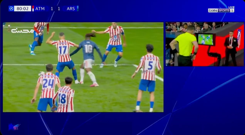 VAR4YOU's tweet photo. 🇪🇺 Atletico - Arsenal | Champions League

📢 Finally a good VAR decision. Hancko arrives late but never makes contact with Eberechi Eze. It’s the englishman who dives and tries to initiate the contact with the Atletico defender. Good call by VAR. #VAR4YOU https://t.co/HDjPDW16Ii