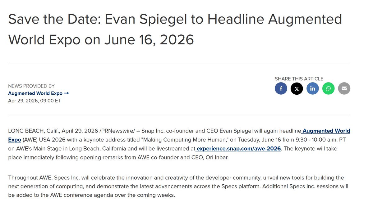 SkarredGhost's tweet image. Evan Spiegel to have the main keynote at AWE USA again... will he unveil something of the Specs glasses there? Or maybe even launch them?

@comogard tell us something!

#AugmentedReality #AR #Snap