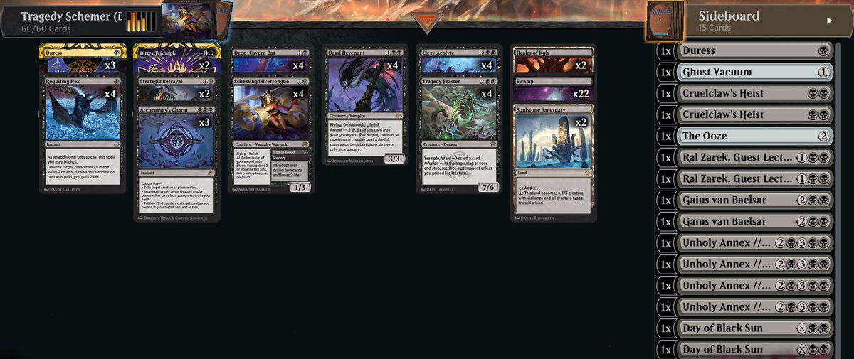 xcblazeMtG's tweet image. It's clean, it's pure, it's got 0 Steam Vents - everyone put your hands together and give a very warm welcome to the Tragedy Schemers in #MtGSoS #Strixhaven #Standard on #MtGA, starring Mono Black ... lifelinkers?

This deck started out with the question, "How do we make Tragedy