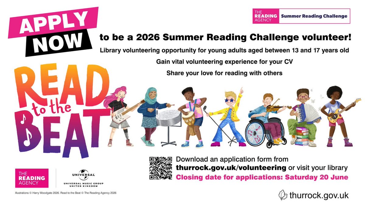 OHAupdates's tweet photo. 📚 Summer Reading Challenge - Volunteering Opportunity 📚
 Thurrock Libraries are offering volunteer opportunities for 13–17 year olds over the summer as part of this year’s Summer Reading Challenge: Read to the Beat. https://t.co/frcKtDT6eY
