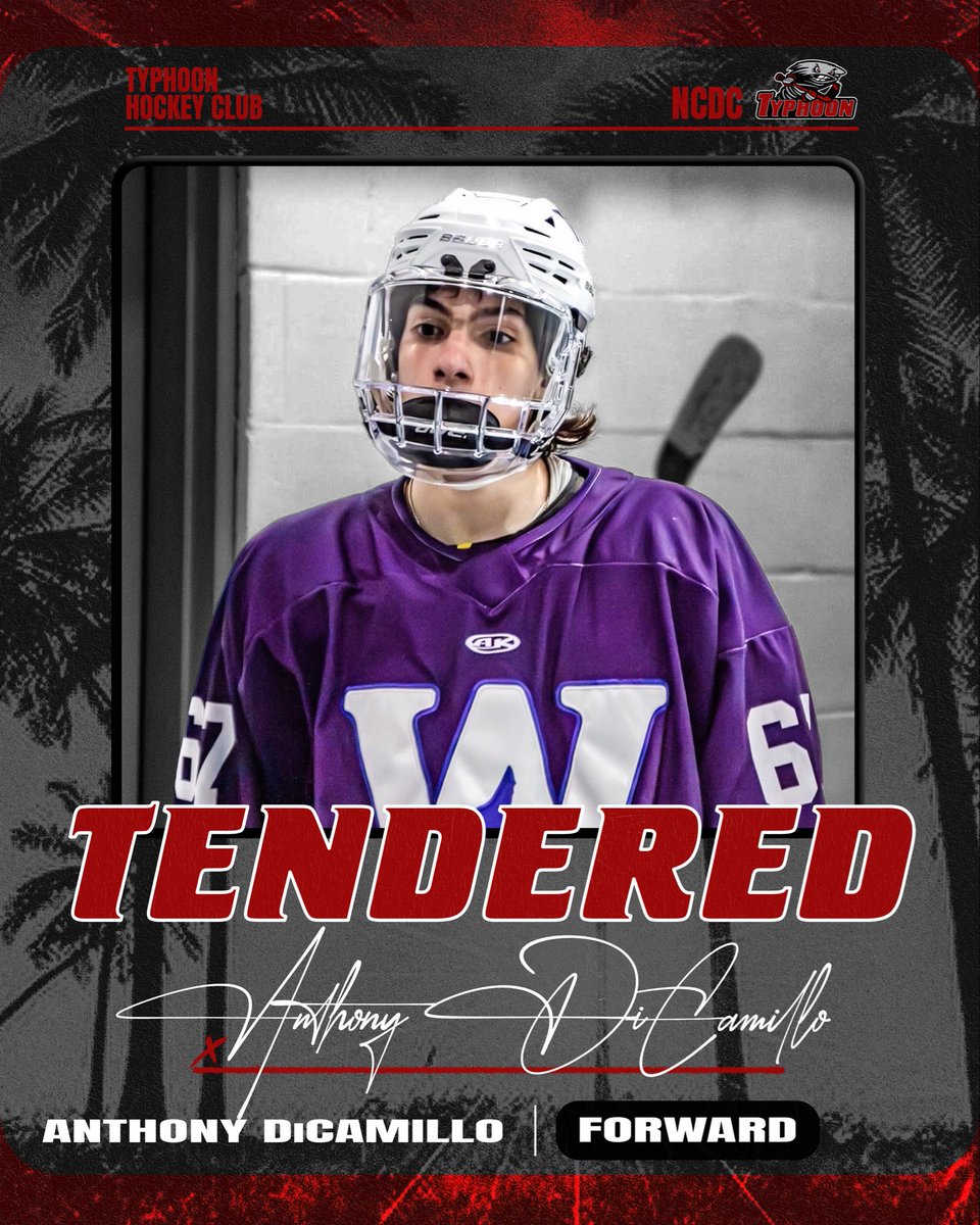 TyphoonHC's tweet photo. 🚨TENDER ALERT🚨
We are thrilled to announce that Anthony DiCamillo has signed an NCDC Tender with the Typhoon Hockey Club. ‘08 Forward from New Canaan, CT. Welcome to Palm Beach!🌴

#TyphoonWarning #USPHL #NCDC https://t.co/3cgOIrYd75