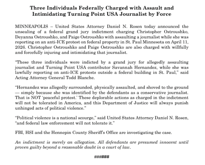 UPDATE: US Attorney Daniel Rosen announces that Christopher Ostroushko, Deyanna Ostroushko, and Paige Ostroushko have been charged with assaulting Savanah Hernandez