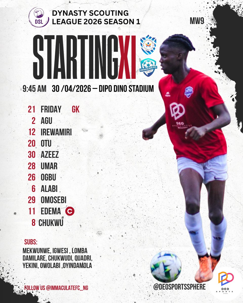 immaculatefc_ng's tweet photo. How we will start against ABFC in the ongoing  @dsl_nig 2026 S1 MW9

Starting IX is powered by @deosportssphere

Let's go City boys https://t.co/iZPygOh3jj