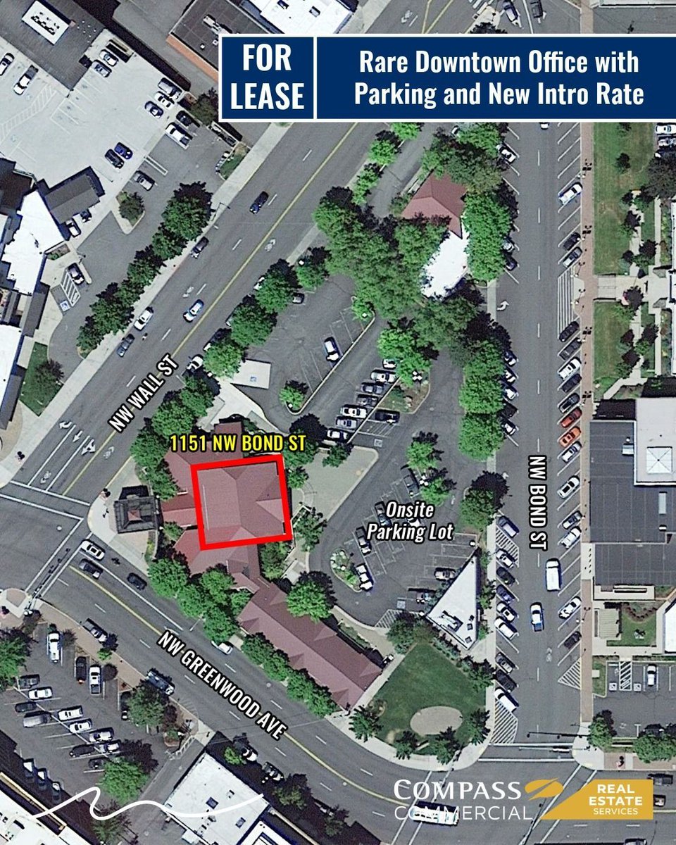 CompassCom's tweet image. Downtown Bend office opportunity at 1151 NW Bond St featuring 2,275 SF, onsite parking, and a functional layout with private offices, conference room, and open workspace. Intro rate at $1.65/SF/MO for a limited time. Learn more in the link! buff.ly/m75A365 
#CRE