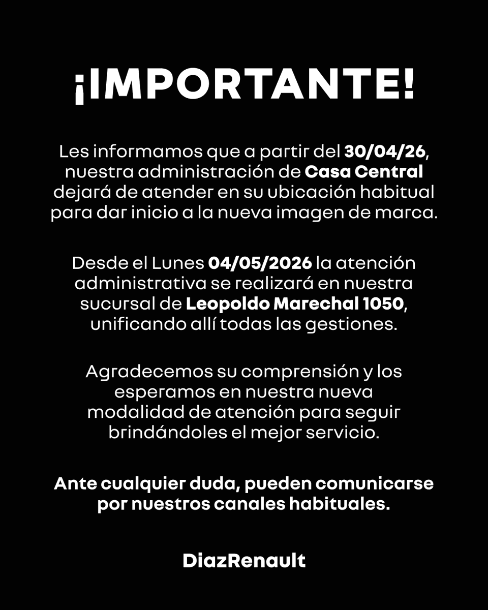 DiazRenault's tweet photo. ¡Atención! Nos mudamos. 📢

A partir de mañana, 30/04/2026, unificamos nuestra atención administrativa en:
📍 Leopoldo Marechal 1050.

Iniciamos una etapa de renovación en Casa Central para brindarte un mejor servicio y una nueva imagen de marca.

Contactanos para consultas 📲👇 https://t.co/sy8xsbQZKK