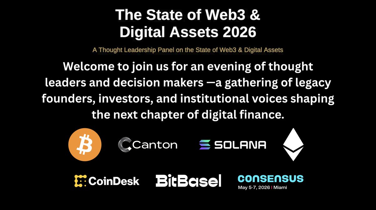 bitbaselart's tweet photo. The State of Web3 &amp; Digital Assets 2026.
https://t.co/EAj7vkJ0Ja
Welcome to join us for an evening of thought leaders at The State of Web3 &amp; Digital Assets 2026—a gathering of legacy founders, investors, and institutional voices shaping the next chapter of digital finance. https://t.co/IPxkMXZ2fj