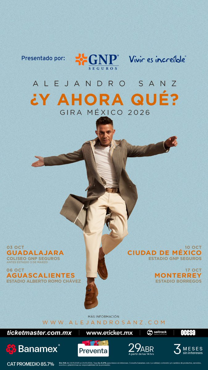 ¿Y ahora qué? toma los estadios de México🇲🇽

Después de conquistar escenarios alrededor del mundo, <a href="/AlejandroSanz/">Alejandro Sanz</a> regresa con una gira que confirma su vigencia y poder emocional.

Entre nuevos éxitos y canciones que ya son parte de la historia, este show se convierte en una