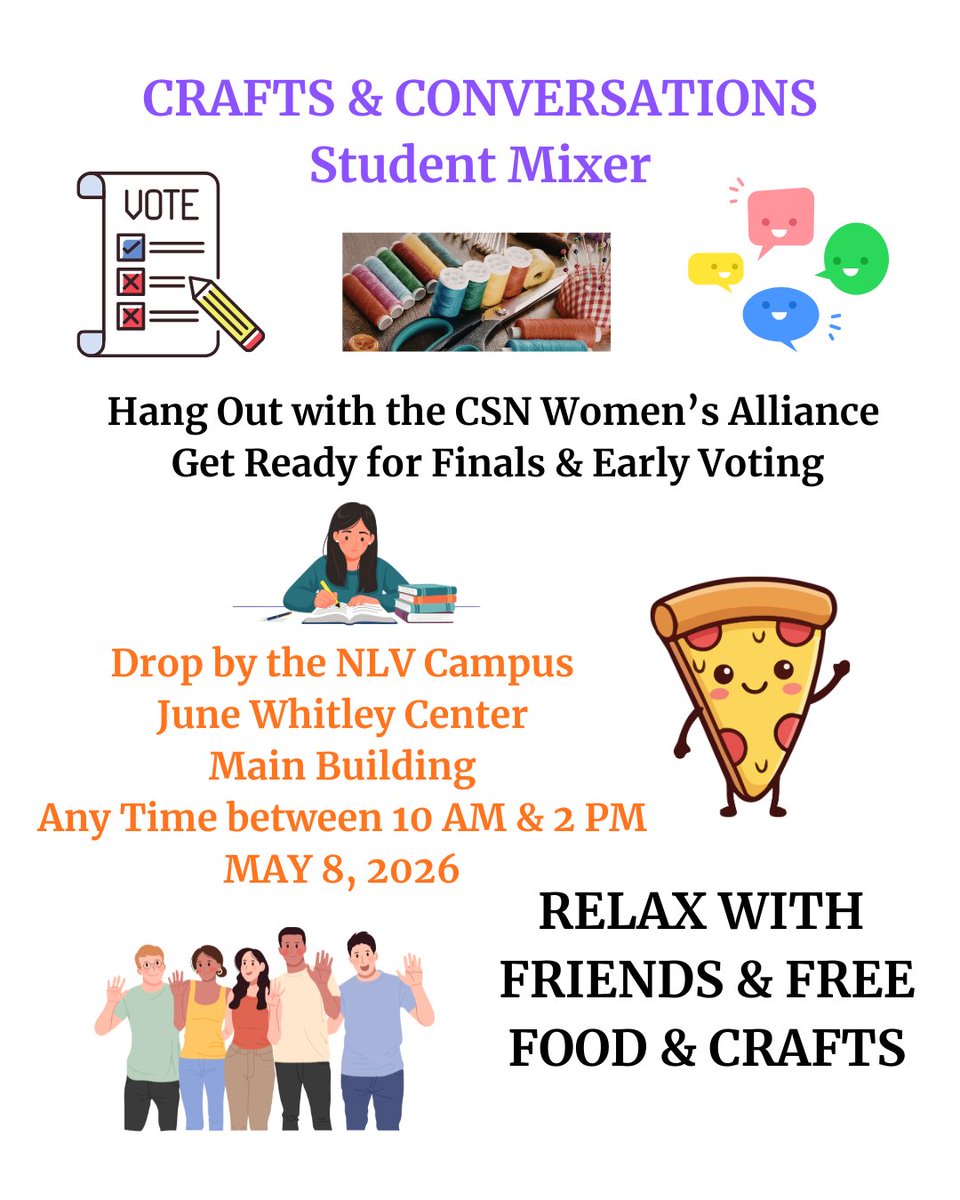 CSNCareerServ's tweet image. Relax and enjoy the Crafts &amp;amp; Conversations-Student Mixer with CSN Women's Alliance!!

Come down to the June Whitley Center-North Las Vegas campus anytime between 10am-2pm, on Friday, May 8th, 2026!

Reach out to @csnwomensalliance for more information!

#studentmixer #finalsweek