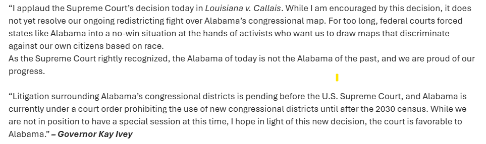 ReshadHudson's tweet photo. Governor Kay Ivey on Alabama Redistricting:

"While we are not in position to have a special session at this time, I hope in light of this new decision, the court is favorable to Alabama.” https://t.co/36AMNyJeMA