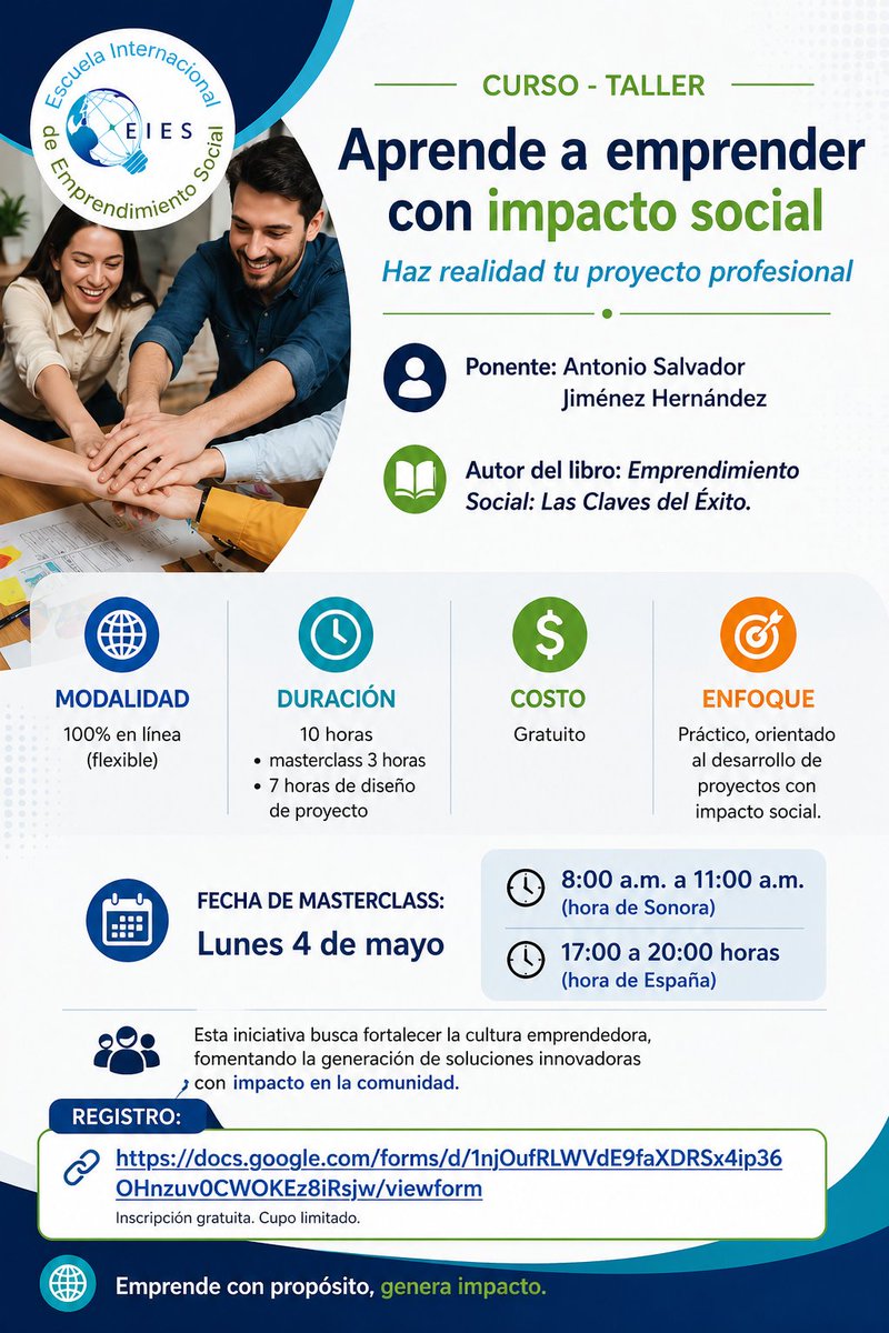 SoyUnison's tweet photo. La Escuela Internacional de Emprendimiento Social invita a toda la comunidad estudiantil al taller en línea:
“Aprende a emprender con impacto social. Haz realidad tu proyecto profesional”
• 100% en línea
• 10 horas
• Gratuito
Registro: https://t.co/Hf3HDRWyr4
Cupo limitado. https://t.co/k4yVCdOFRM