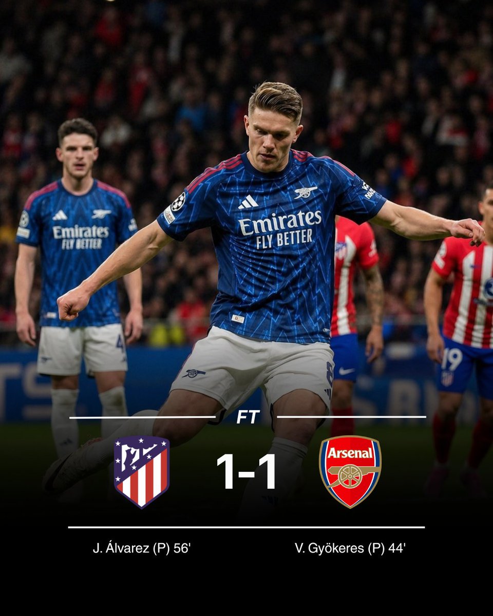 OMFofficial's tweet photo. Arsenal survive the Madrid storm. 🔴⚪️⚡

Atlético 1–1 Arsenal 

Not the flashiest game, but a real managers’ masterclass. ⚔️

Thoughts on the game? 👇

#Arsenal #atleticomadrid #championsleague #UCL https://t.co/qz2Ow2WTDz