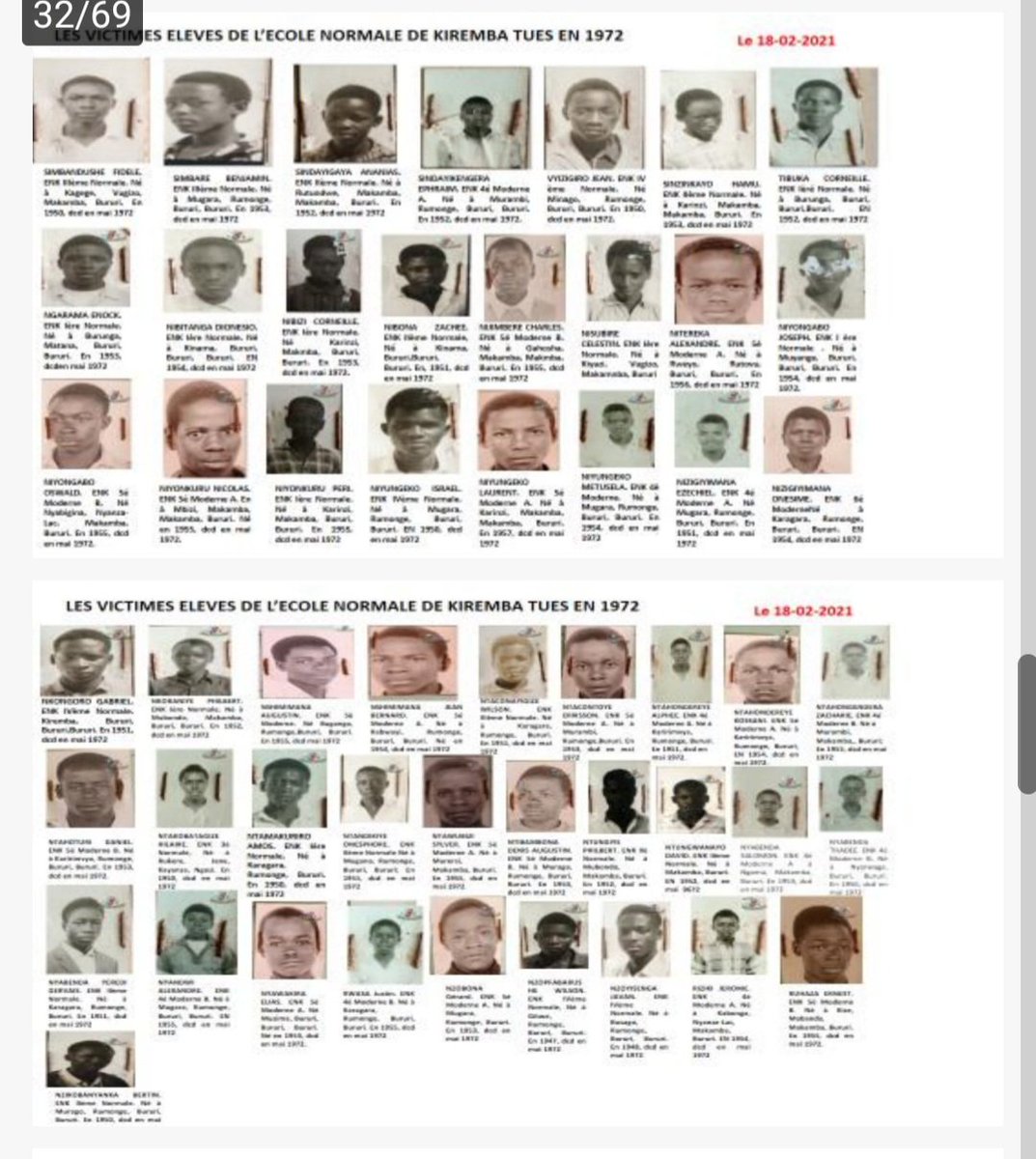 BATUNGWALOYS's tweet photo. #ÉcolenormaleKiremba plus de 125 élèves enlevés sur des listes préétablies en 1972. Ils avaient entre 14 ans et 19 ans. Un Gouverneur militaire de #Bururi en même temps que commandant du camp #Bururi de cette époque affirmait en 2021 que ces élèves allaient tuer les #Batutsi https://t.co/30xF8UbVpR