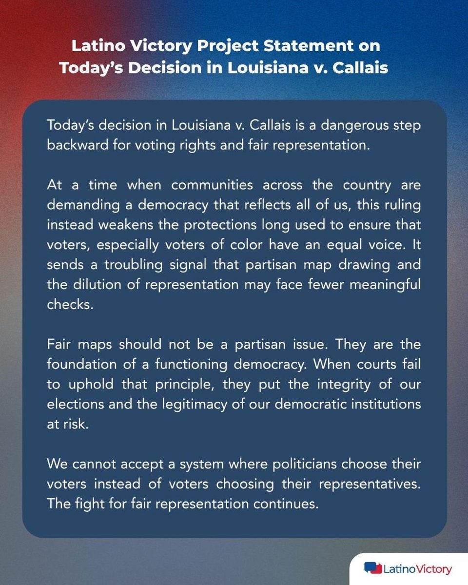 latinovictoryus's tweet photo. Fair maps, real democracy. Our commitment to voting power remains firm

Louisiana v. Callais is a step back for voting rights. We continue fighting for a democracy where every voice counts. 🗳️⚖️ #LatinoVictory #VotingRights https://t.co/aQWTXjRlBG