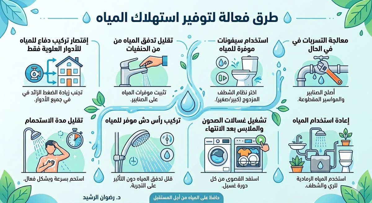طرق  لتوفير إستهلاك المياه: 
-إقتصار تركيب دفاع للمياه للادوار العلوية فقط.
- تقليل تدفق المياه من الحنفيات
-إستخدام سيفونات موفرة للمياه
-معالجة التسربات في الحال
-تقليل مدة الاستحمام
-تركيب رأس دش موفر للمياه
-تشغيل غسالات الصحون والملابس بعد الانتهاء
-إعادة إستخدام المياه