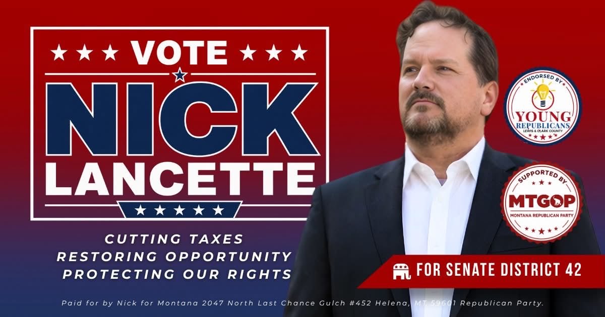 NickALancette's tweet photo. STICK WITH NICK!

The primary election is June 2nd. 

Learn more at: https://t.co/MzBCdYS4Nz

Like and share!

Paid for by Nick for Montana 2047 North Last Chance Gulch #452 Helena, MT 59601 Republican Party. https://t.co/6tP8izkZ5f