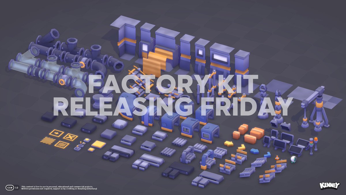 KenneyNL's tweet photo. Factory Kit is releasing on Friday, it'll contain 130+ models including animations 🏭

As always, it'll be completely free for everyone to use in any sort of game using any engine - total freedom. https://t.co/qtUXtLKQam