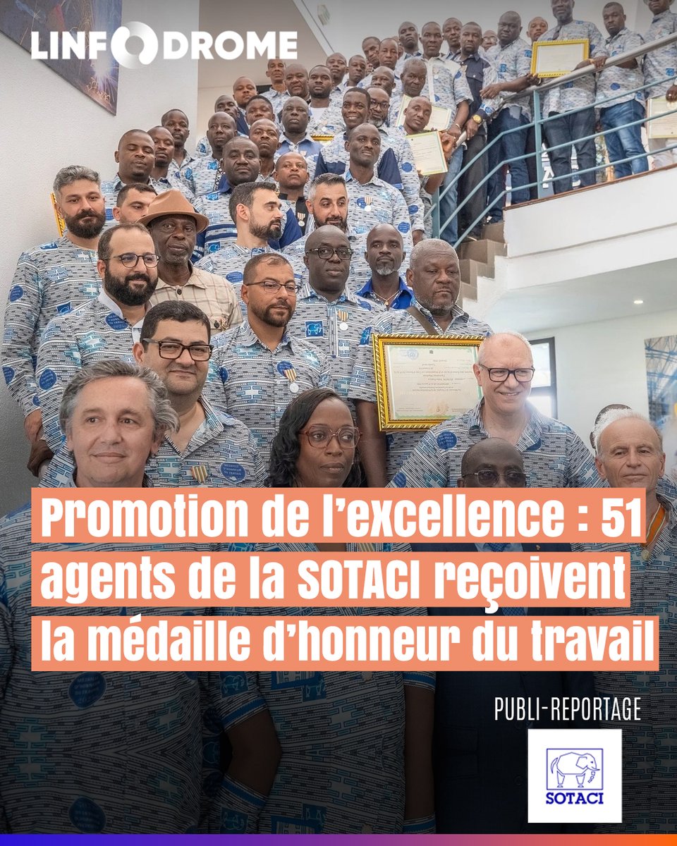 Linfodrome's tweet image. 51 agents de la Société des tubes d’acier et d’aluminium en Côte d’Ivoire (SOTACI), filiale du groupe Eurofind, ont reçu, samedi 25 avril 2025, la médaille d’honneur du travail pour leur fidélité et leur contribution à la performance de l’entreprise.

#Linfodrome
