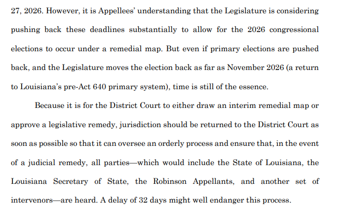 bykatiebuehler's tweet image. UPDATE: The voters who succeeded in challenging Louisiana's map containing two majority-Black districts have asked #SCOTUS to release the case immediately (instead of waiting the typical ~30 days) in hopes that the state can draw a new one before midterms. supremecourt.gov/DocketPDF/24/2…