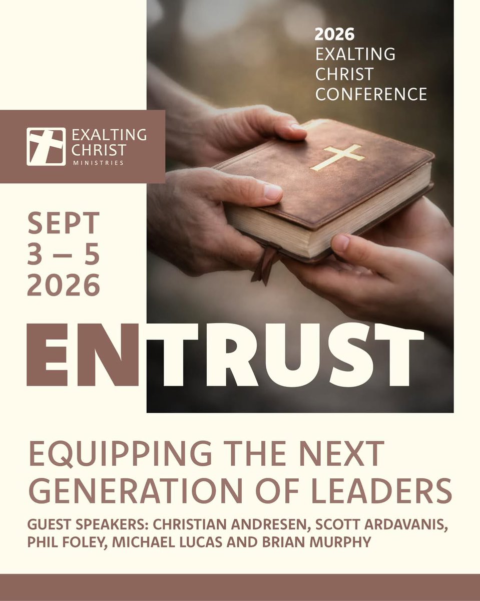 TCBCSeminary's tweet photo. Plan to join us in September for another Exalting Christ Conference! 

The Exalting Christ Conference is designed to assist and encourage pastors, church leaders and their spouses to preach and exalt Christ as they shepherd their local churches and spread the Gospel in their communities and beyond. 

The theme of this year’s conference is Entrust - Equipping The Next Generation of Leaders.  We are excited to welcome Michael Lucas, Phil Foley, Scott Ardavanis, Brian Murphy and Christian Andresen as our speakers.

The cost of the conference is $165 for standard registration and $65 for spouses ($185/standard and $85/spouse after June 30th).

Please Note: Early Bird registration ends June 30th.  Refunds will be available through August 23, 2026 (minus a $10 processing fee). 

SATURDAY ONLY OPTION
This year we are again offering an option to attend on Saturday only for those who cannot join us for the whole conference. This particular day will include one plenary session and two breakout sessions.  Both men and women are invited to attend these sessions. The cost to attend will be $40 for individuals, $60 per married couple. Please select the option for SATURDAY ONLY attendee if you will only be joining us on Saturday.

Register @:
https://t.co/ZshemUFsrq