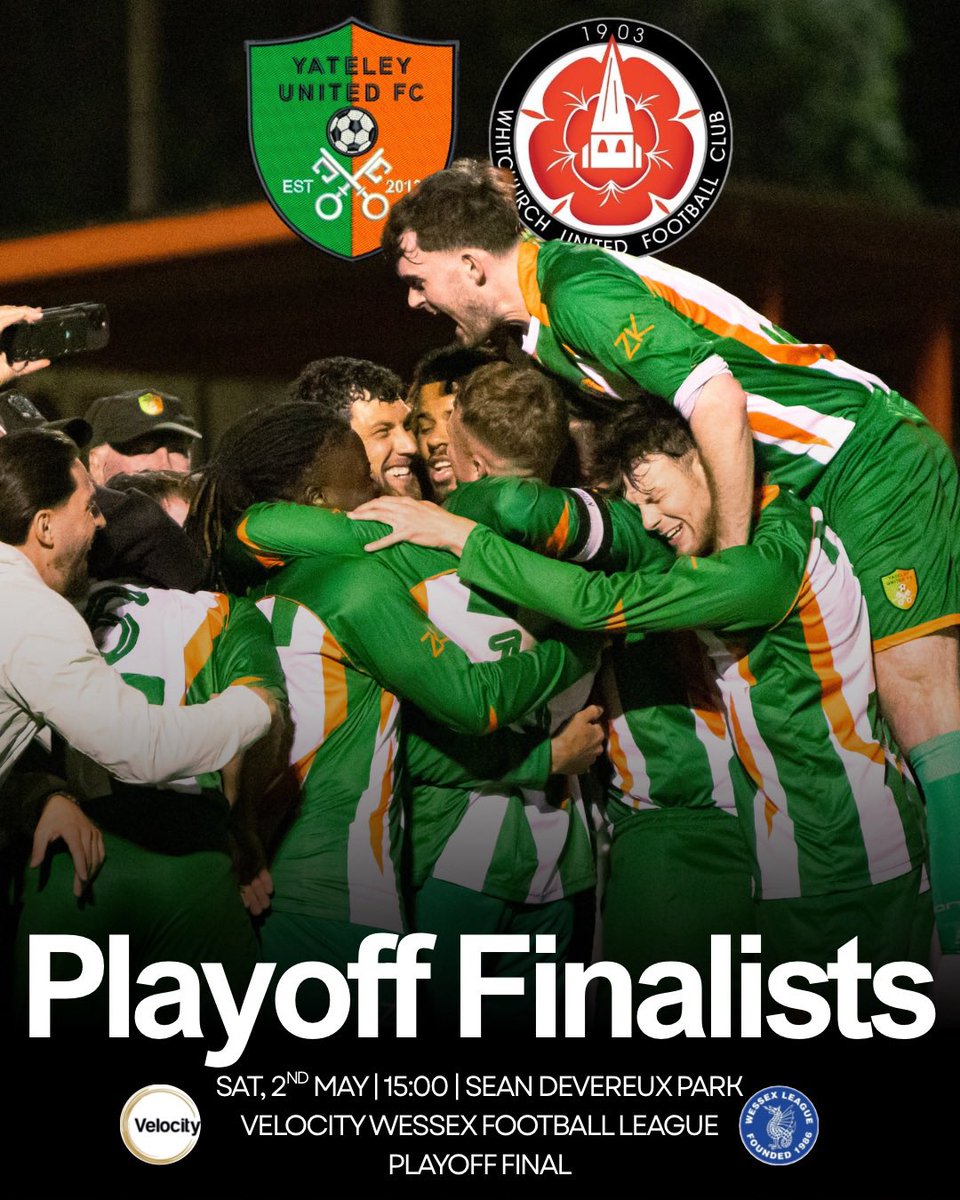 YateleyUtdFC's tweet photo. Playoff Finalists…

After tonight’s win we look ahead to Saturday now as we host Whitchurch in the Wessex Playoff Final at Sean Devereux Park!

#YUFC 🗝️ | #GreenArmy 🟢 | #UnitedForTheCommunity 🟠 https://t.co/xxkQ6sYJqT