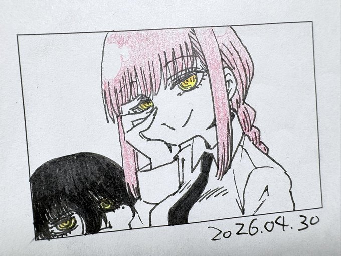 手癖で描いたマキマさんと 手癖で描いたら真っ黒になったナユタ