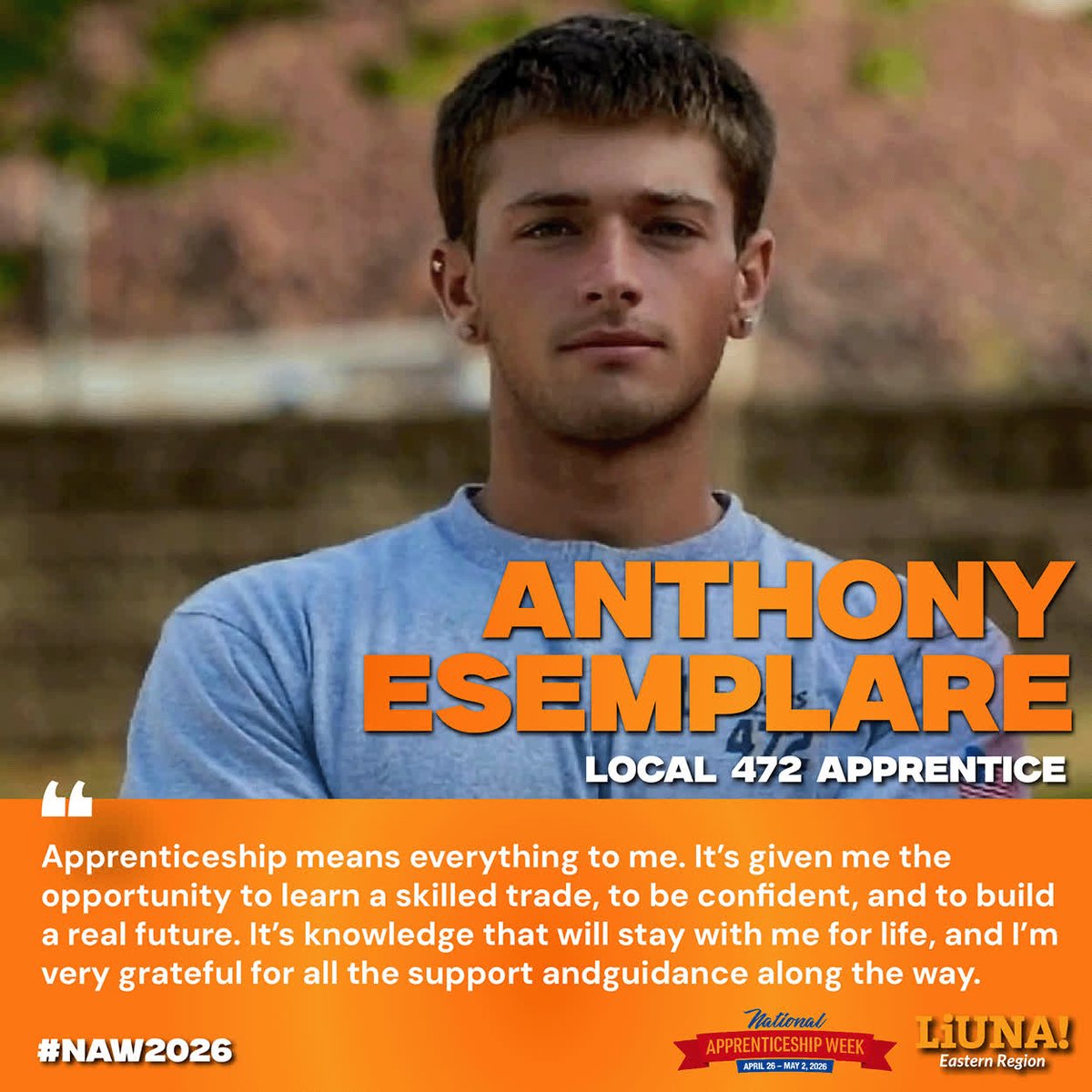 LiUNAEasternReg's tweet image. 💪 It's #NAW2026!

Meet Anthony Esemplare, a @LIUNA Local 472 #Apprentice:
"LIUNA means opportunity, growth &amp;amp; brotherhood to me.

"It's more than a job—it's being part of something bigger.

"I'm 21 &amp;amp; I have a career, great benefits, health care &amp;amp; a pension waiting down the line."