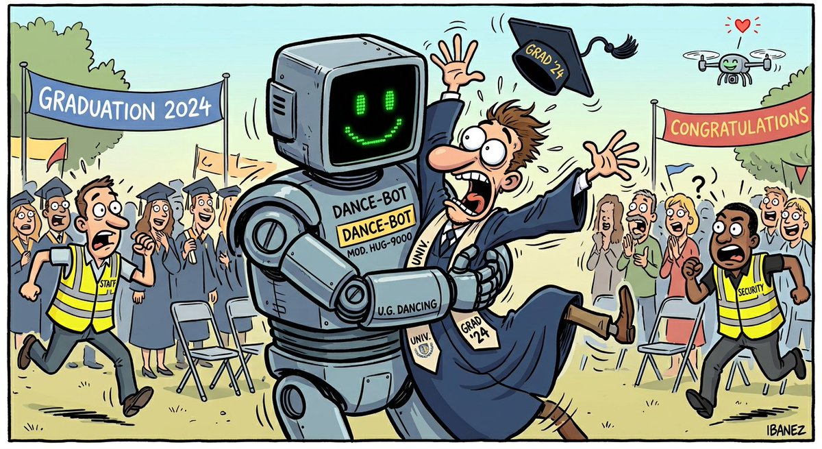 HolyQuark's tweet image. At Shaanxi University, a robot malfunctioned mid-dance and hugged a student. Engineers blamed the drones.

#ScienceHumor #TechHumor #Robotics