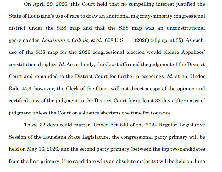 bykatiebuehler's tweet image. UPDATE: The voters who succeeded in challenging Louisiana's map containing two majority-Black districts have asked #SCOTUS to release the case immediately (instead of waiting the typical ~30 days) in hopes that the state can draw a new one before midterms. supremecourt.gov/DocketPDF/24/2…