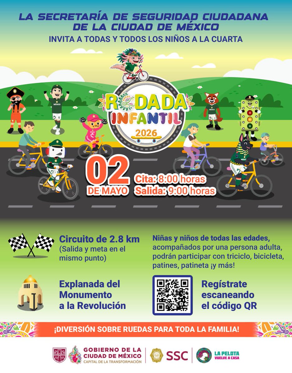 OVIALCDMX's tweet photo. 🚲 👧🏻👦🏻 Este 2 de mayo, te invitamos a participar en la Cuarta #RodadaInfantil 2026.
La cita es en:
📍 Monumento a la Revolución
🕗 8:00 horas
📋 Regístrate aquí para participar: https://t.co/xAyKo8jlH7…
¡No faltes, habrá sorpresas! https://t.co/bQ6wWk4Gfp