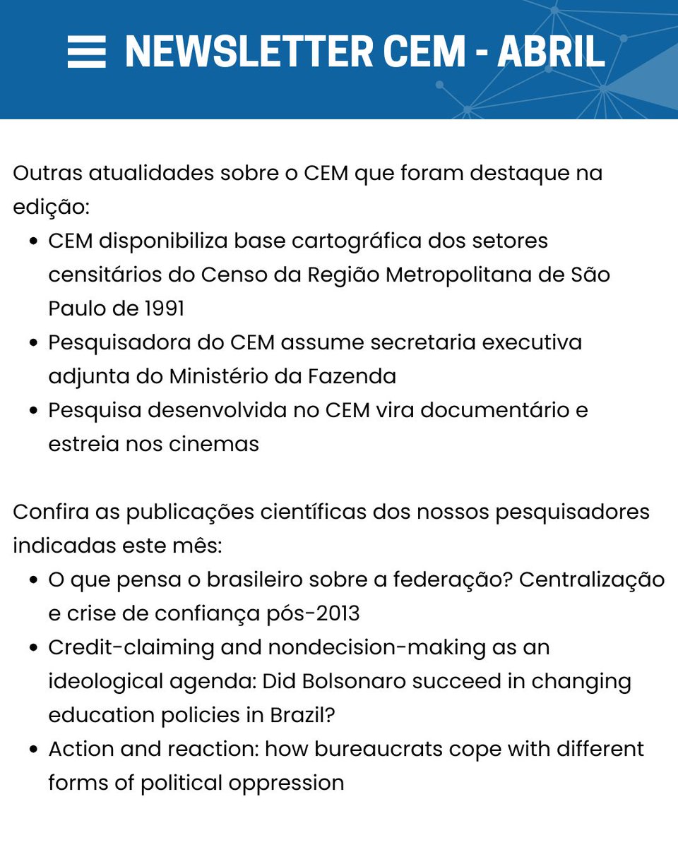 CEM_CMS's tweet photo. Nova newsletter acabou de sair! Temos uma agenda intensa de eventos para as próximas semanas. Veja os palestrantes, temas, datas e locais. Confira também as atualidades e as indicações de publicações produzidas pelos nossos pesquisadores:
https://t.co/SJXDAnJNnr https://t.co/1SOeK93pL7
