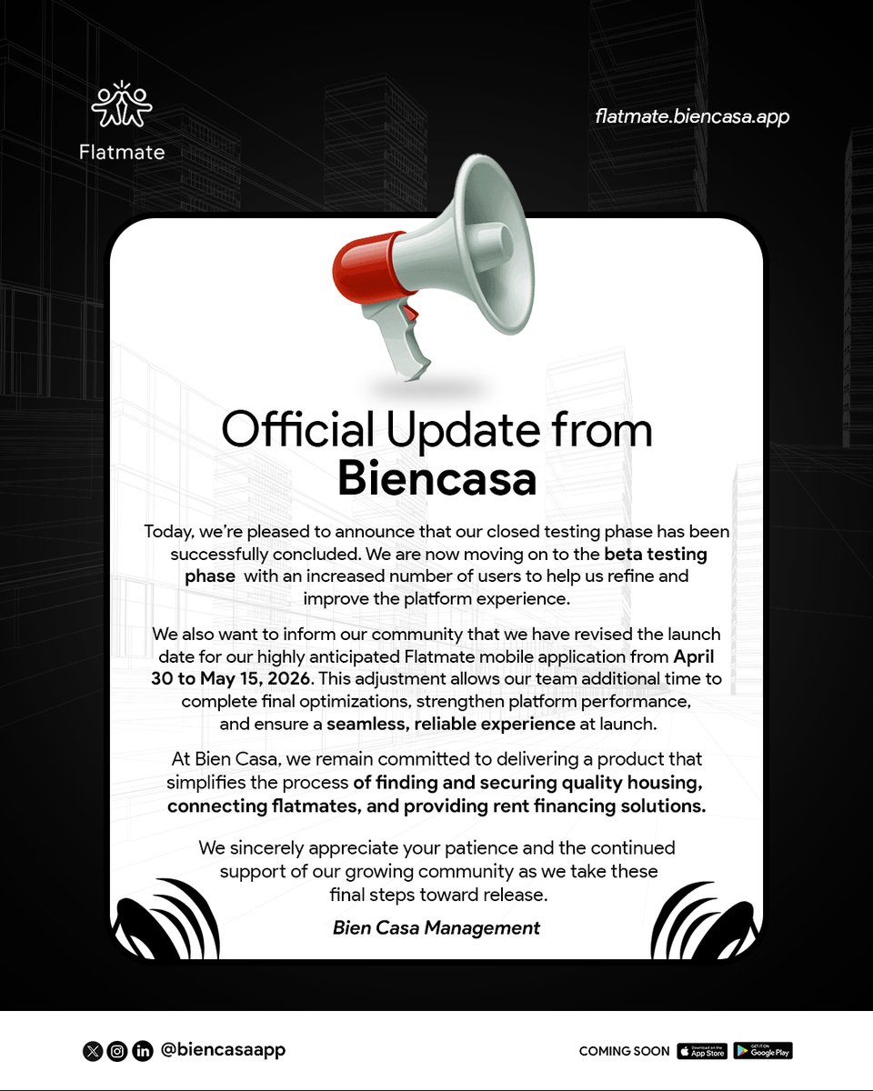 biencasaapp's tweet photo. Official update from Bien Casa. https://t.co/Ni1RuwWHDp