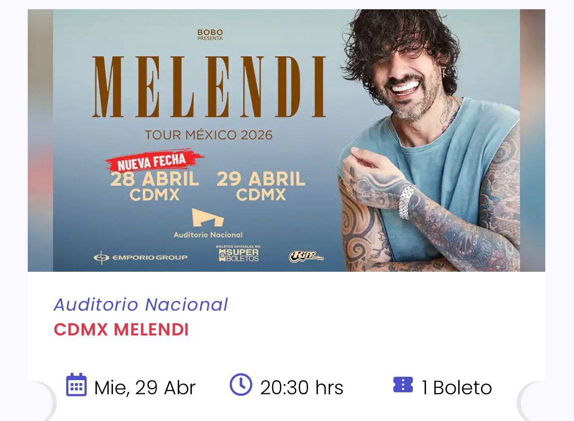 BICHITOLOVES's tweet photo. Se vende boleto para #melendi hoy en el Auditorio nacional.
Super oferta $2000 @MelendiOficial 
No podré ir, cómprenlo please 🙏🏻 https://t.co/MZm370yJYU
