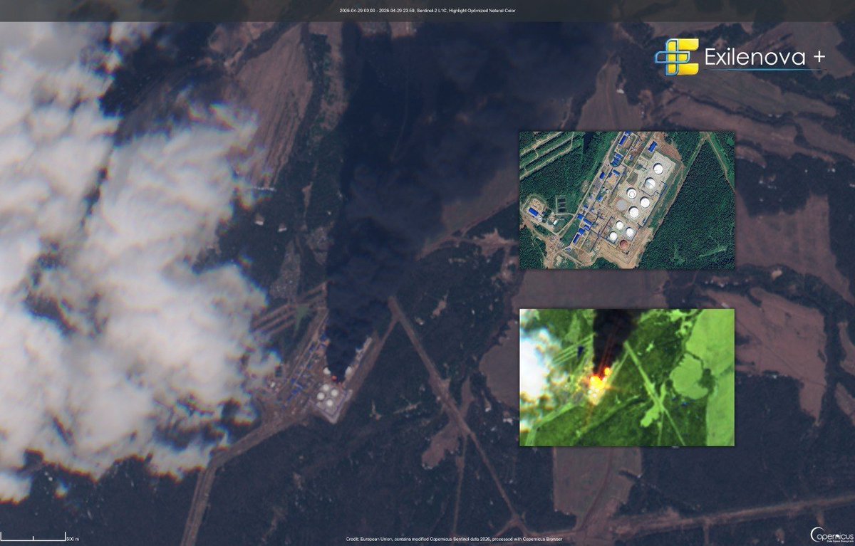 NOELreports's tweet image. Visual confirmation shows fire on 2-3 tanks at Russia’s LPDS Perm. Each tank holds up to 50,000 cubic meters of oil, about 314,000 barrels worth more than $37 million at current prices. Direct losses are estimated at $75-112 million before counting infrastructure damage. #Russia