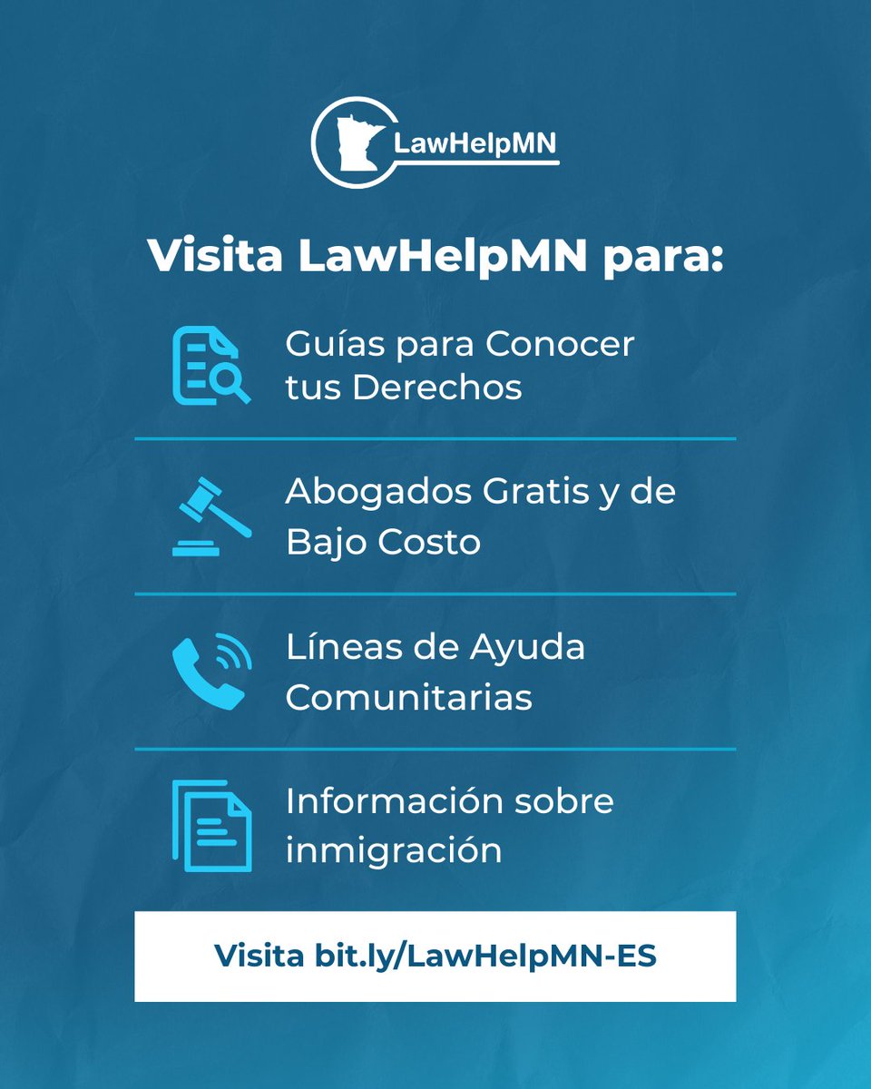 LawHelpMN's tweet photo. Minnesota tiene un centro de información centralizado de recursos legales y de inmigración gratuitos.

Evite estafas y desinformación. Obten herramientas  y apoyo confiables en https://t.co/CjOCEcUfJu https://t.co/CJC4gJjYwa