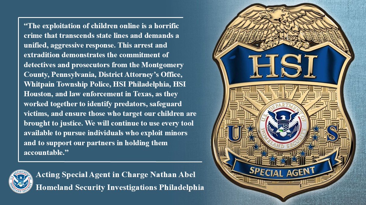 HSIPhiladelphia's tweet photo. @HSIPhiladelphia and @HSIHouston with @MontcopaDA and PA/TX partners, assisted in the arrest and extradition of a Texas man to Montgomery County, PA, on charges including human trafficking of a minor, unlawful contact with a minor, and sexual abuse of children. https://t.co/IrleFyHxcv