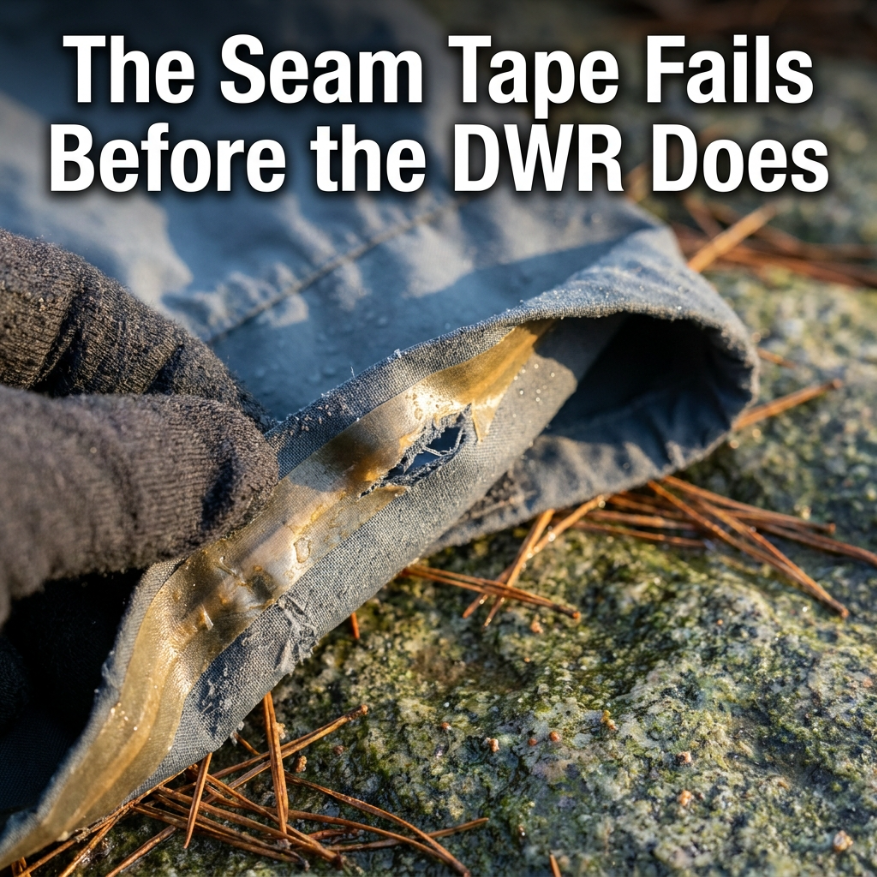 the_hking's tweet photo. Gaiters shed water through DWR coating, not the fabric. When DWR wears off, the shell wets out and weighs ~40% more — but it still blocks liquid water for hours. It's the seam tape that fails first under abrasion. #TheHikingTribe #hikingGear https://t.co/2PduO7KYuz