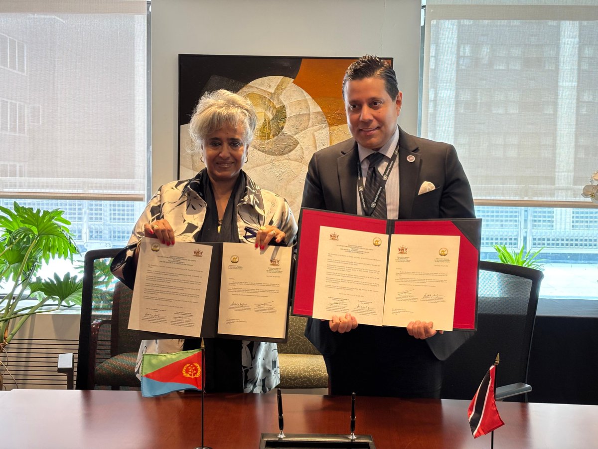 Eritrea_UN's tweet image. The State of #Eritrea 🇪🇷 and the Republic of #Trinidad and #Tobago 🇹🇹 have formally established diplomatic relations, marking a significant step in strengthening ties between #Africa and the #Caribbean. The agreement was signed today at the Permanent Mission of Trinidad and