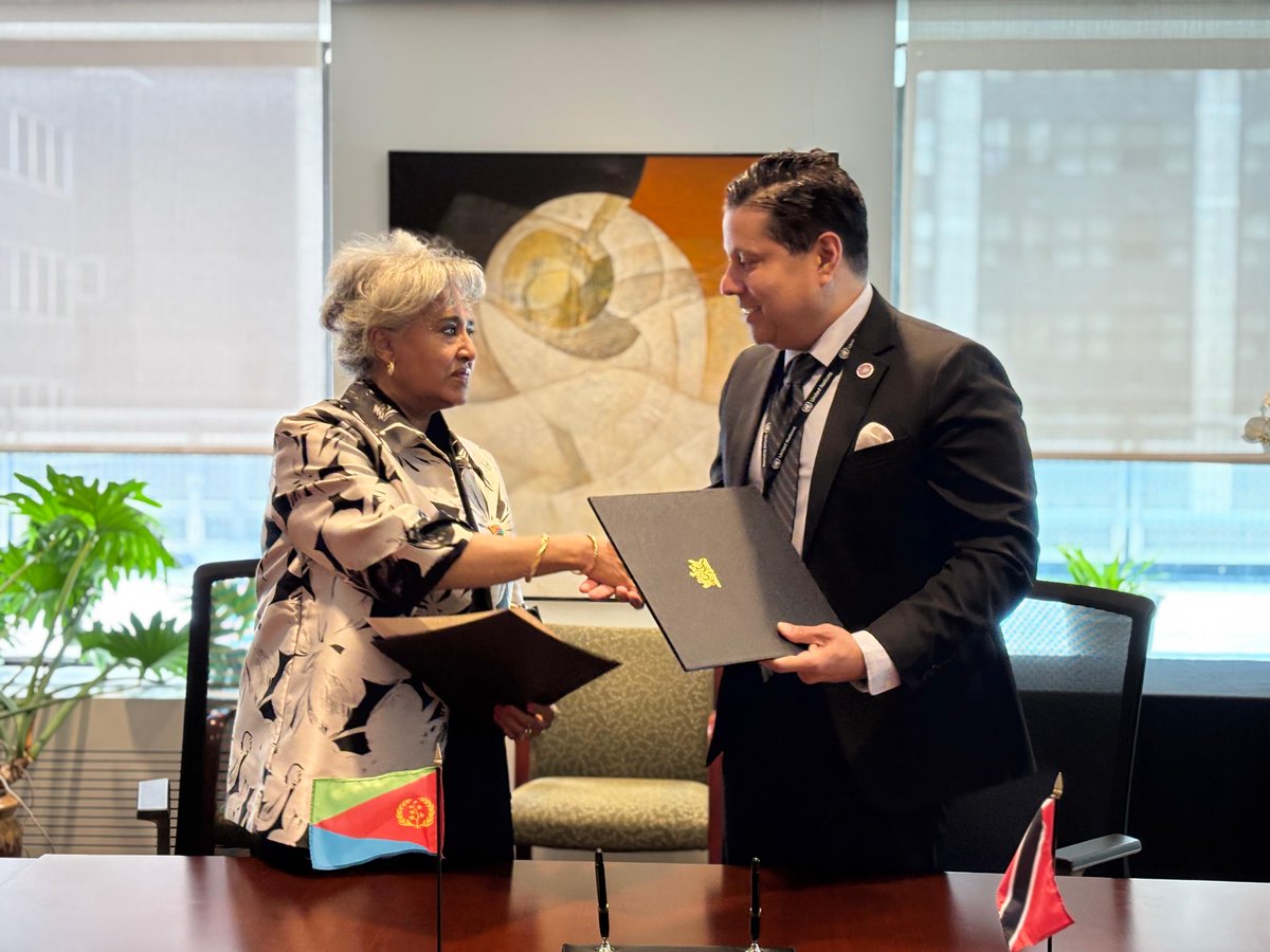 Eritrea_UN's tweet image. The State of #Eritrea 🇪🇷 and the Republic of #Trinidad and #Tobago 🇹🇹 have formally established diplomatic relations, marking a significant step in strengthening ties between #Africa and the #Caribbean. The agreement was signed today at the Permanent Mission of Trinidad and