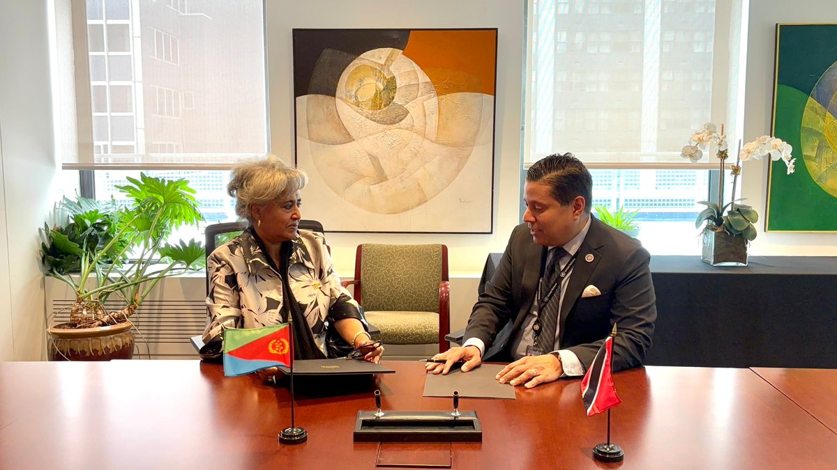Eritrea_UN's tweet image. The State of #Eritrea 🇪🇷 and the Republic of #Trinidad and #Tobago 🇹🇹 have formally established diplomatic relations, marking a significant step in strengthening ties between #Africa and the #Caribbean. The agreement was signed today at the Permanent Mission of Trinidad and