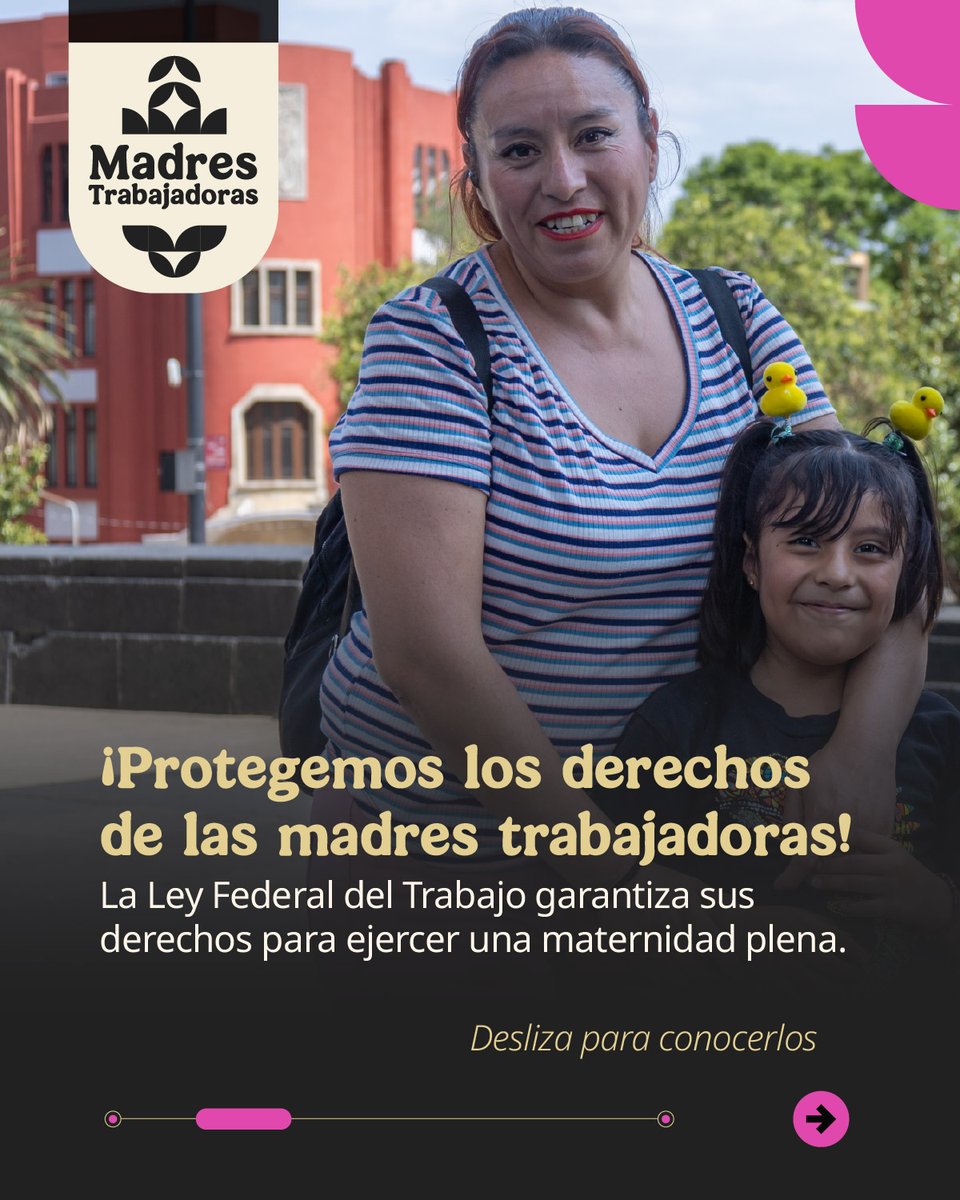 STPS_mx's tweet photo. #MujerTrabajadora, si pronto serás mamá, conoce los derechos que la #LFT establece para protegerte durante el embarazo y el periodo de lactancia. 🤱🏾

Desliza, infórmate y hazlos valer 👉🏾

Si tu empleador vulnera tus derechos laborales, denúncialo en: https://t.co/R7L5a6B39z https://t.co/QmhibjAUFD