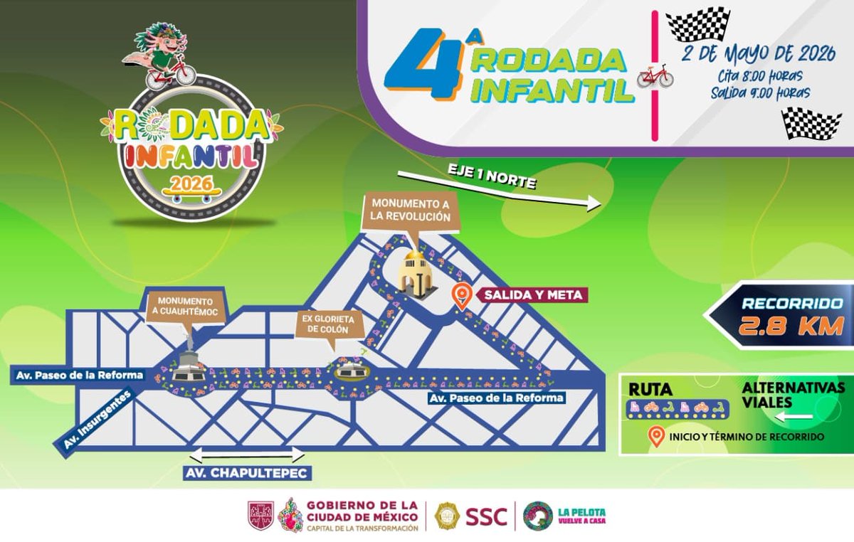 OVIALCDMX's tweet photo. 🚲 👧🏻👦🏻 Este 2 de mayo, te invitamos a participar en la Cuarta #RodadaInfantil 2026.
La cita es en:
📍 Monumento a la Revolución
🕗 8:00 horas
📋 Regístrate aquí para participar: https://t.co/xAyKo8iNRz…
¡No faltes, habrá sorpresas! https://t.co/uQJRcqXjcy