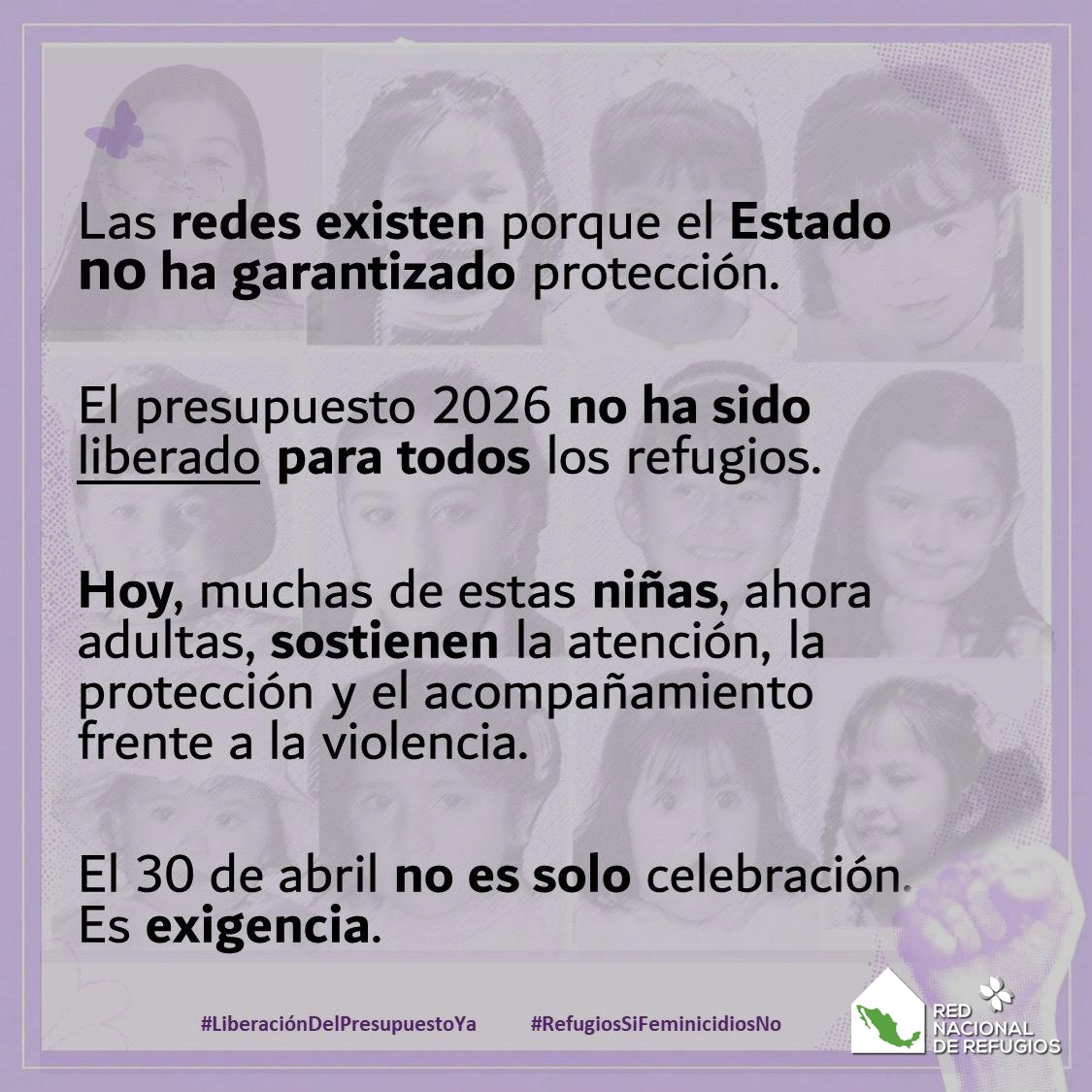 RNRoficial's tweet photo. 💜✊🏼 Este 30 de abril no es solo celebración.
Es exigencia.

🚨 El presupuesto 2026 sigue sin liberarse para todos los refugios.

📣 Es obligación del Estado garantizar presupuestos y protección.

#RefugiosSíFeminicidiosNo 💜 https://t.co/VW7KDg3puE