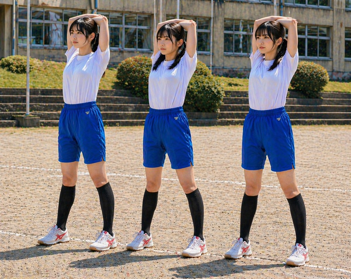 Masyatana's tweet photo. 中学生の体育授業
#体育 #AIart #AI #体操服 #体操着 #gymuniform #ハイソックス #ストレッチ #女子 #シャツイン #tuckin  #タックイン #中学 #高校 https://t.co/bj5IXfYS7M