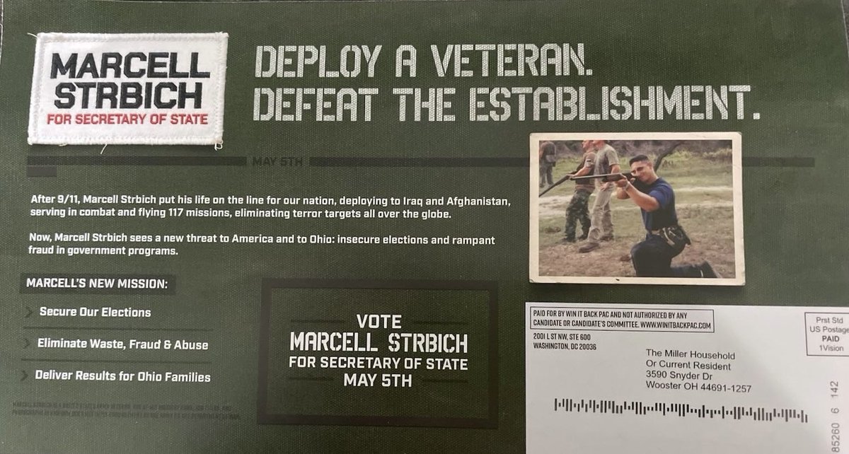 marcellstrbich's tweet photo. Our mailers went out to hundreds of thousands of voters. It’s time to end Ohio’s political ‘musical chairs’ system. Battle-tested leadership has arrived. Please vote Marcell Strbich for Secretary of State May 5. Defend YOUR elections from fraud, error and manipulation. https://t.co/QUp8FNHvVV
